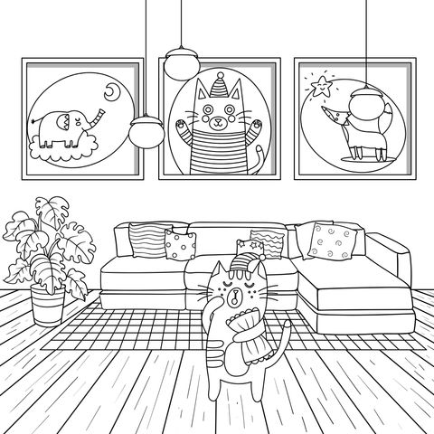 Cute Cat in Living - room Coloring Page