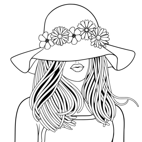 Fashionable Woman with Flower - adorned Blue Hat Coloring Page