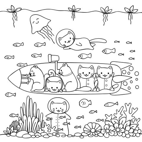 Adorable Cats' Underwater Adventure Coloring Page