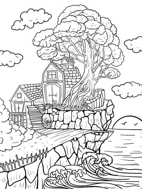 Cliff - side Cottage Scenery Coloring Page