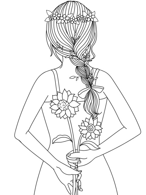 Coloring Page of a Girl Holding Sunflowers