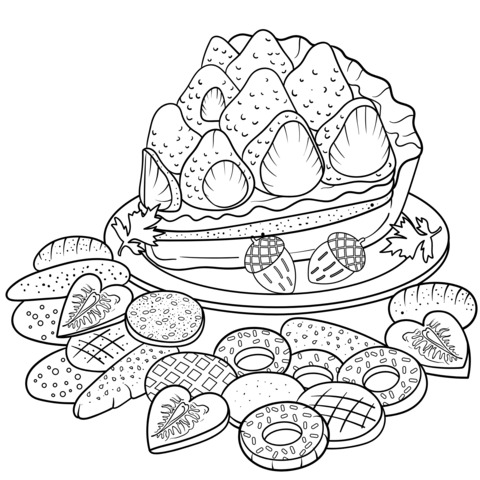 Colorful Dessert Coloring Page: Strawberry Tart and Donuts