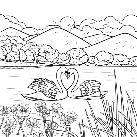 Flamingo Lakeside Scenery Coloring Page