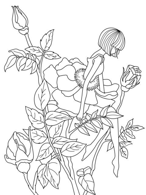 Girl Sitting on Rose Branches Coloring Page