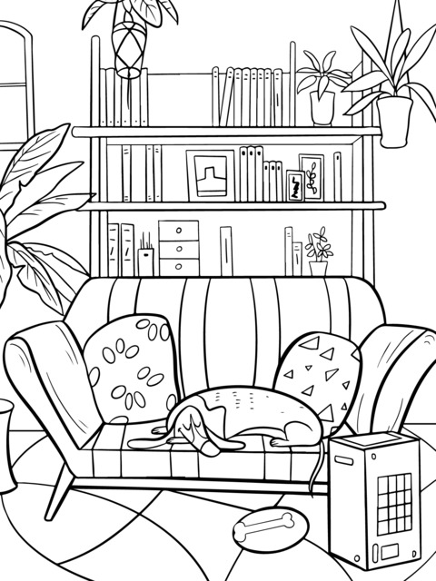 Cozy Indoor Scene Coloring Page: Dog Napping on the Sofa