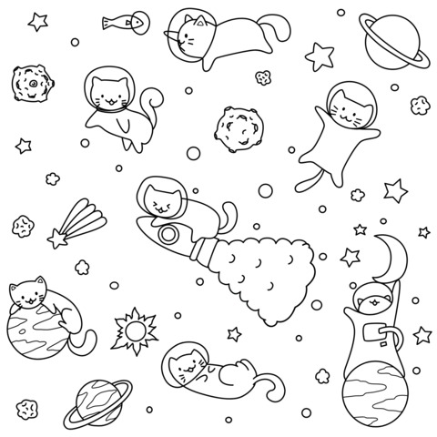 Dibujo para colorear temático del espacio con gatos adorables