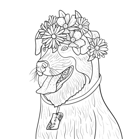 Coloring Page of a Dog Wearing a Flower Wreath