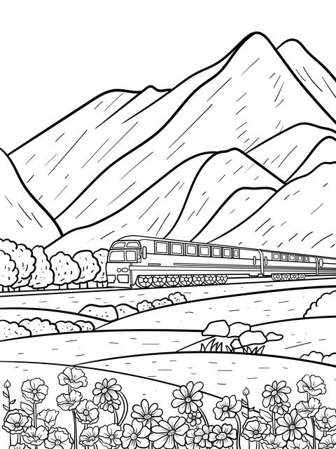 Página de colorear de paisaje de tren en las montañas