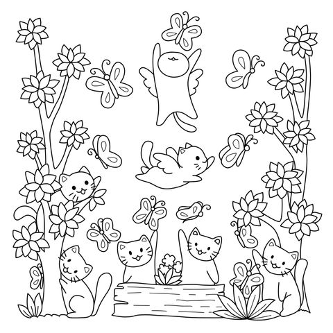 Página de Colorear de Gatos Adorables con Mariposas y Flores