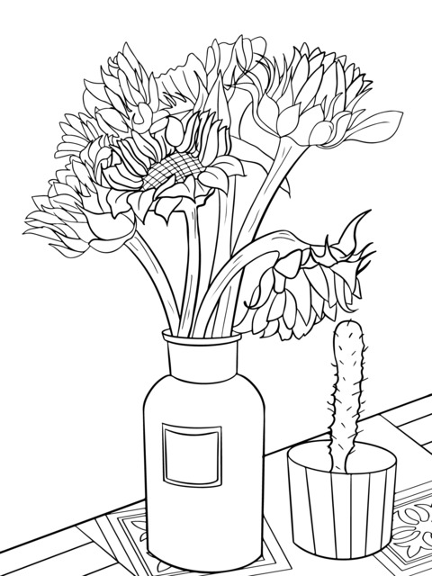 Sunflowers in a Vase and Cactus Coloring Page