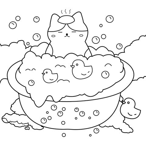 Adorable Cat Bathing Coloring Page