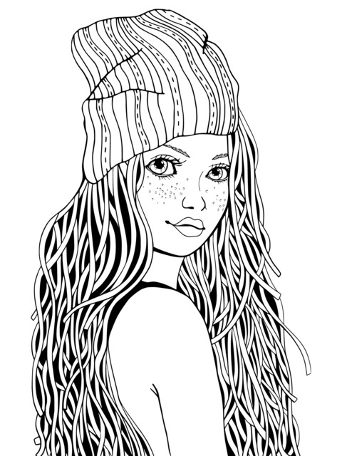 Página para colorear de una chica de cabello largo con un gorro rayado