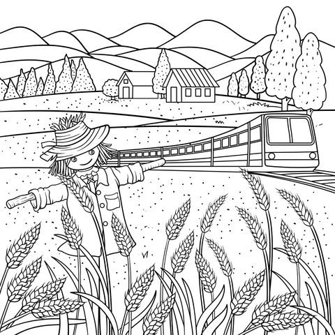 Rural Scenery Coloring Page: Scarecrow, Train and Wheat Field