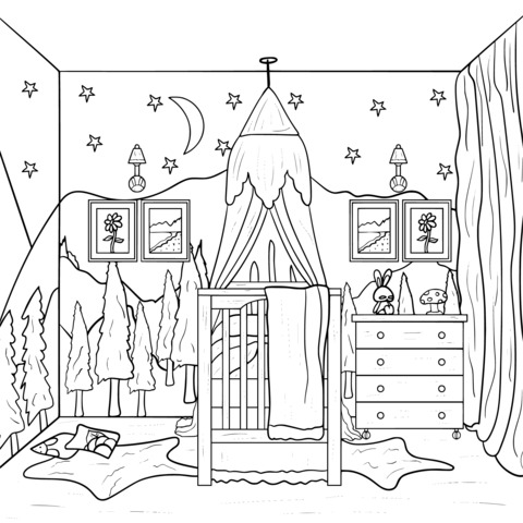 Dreamy Children's Bedroom Coloring Page