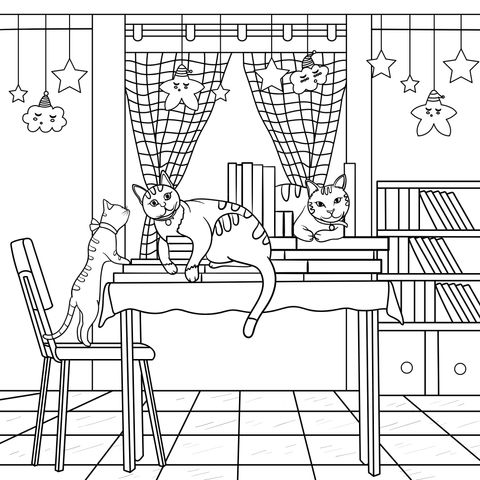 Página de Colorear de una Adorable Escena Interior con Gatos