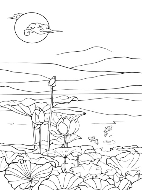 Lotus Pond Moonlight Coloring Page