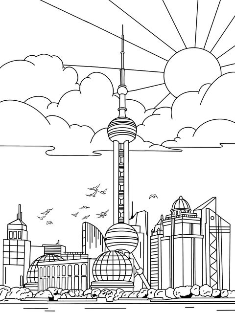 Shanghai Cityscape Coloring Page