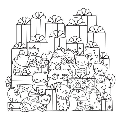 Adorable Cats and Gifts Coloring Page