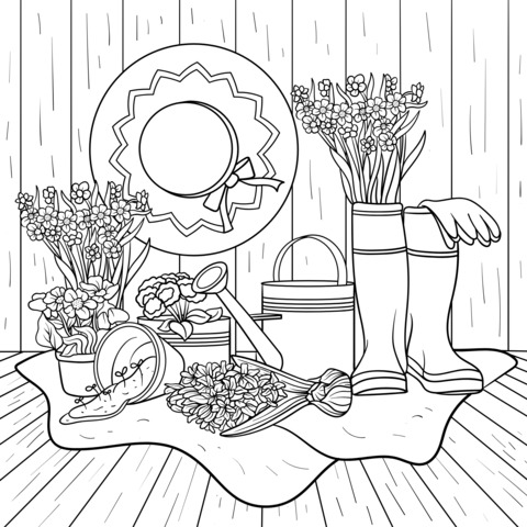 Gardening - themed Coloring Page: Flowers and Gardening Tools