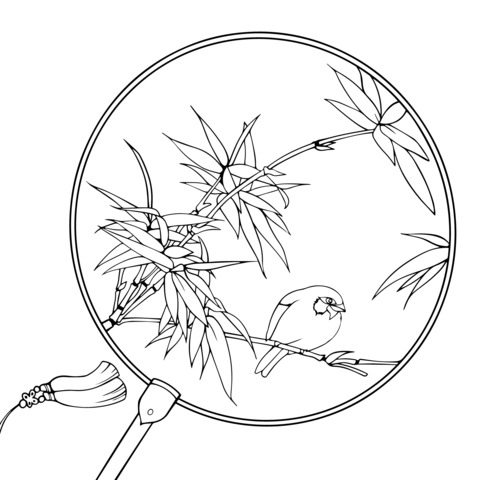 Chinese - style Round Fan with Bamboo and Bird Coloring Page