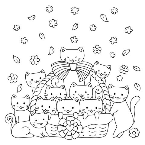 可愛い猫のかごの塗り絵