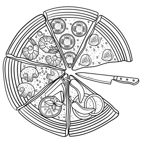 Pizza Coloring Page: A Delicious Pizza with Various Toppings Awaits Your Coloring