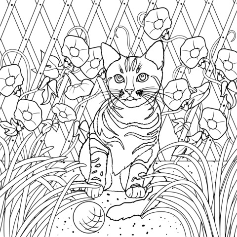 Página de Colorear de un Gato Adorable y un Lecho de Flores