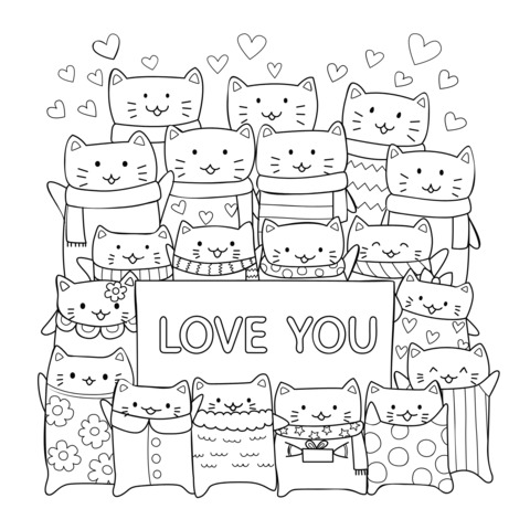 Adorable Cat Love Coloring Page