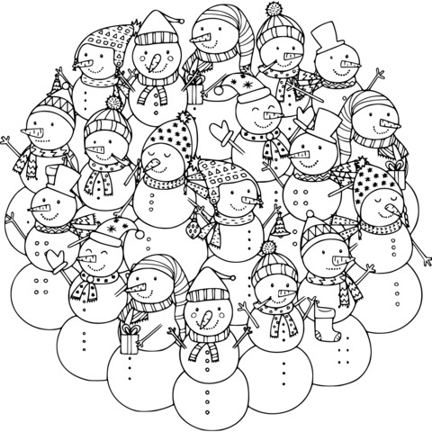 Página para Colorear de un Adorable Grupo de Muñecos de Nieve