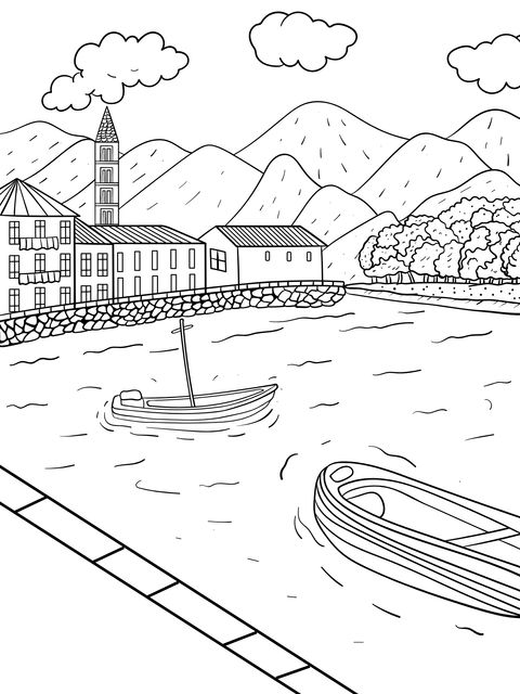 Riverside Town Landscape Coloring Page