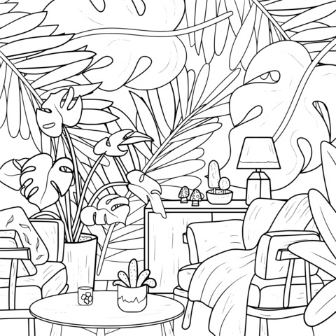 Cozy Green - plant Living - room Themed Coloring Page