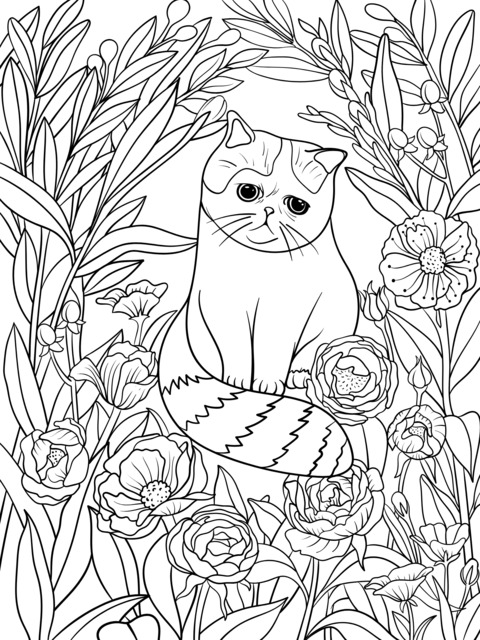 Dibujo para Colorear de un Gato Adorable y Flores