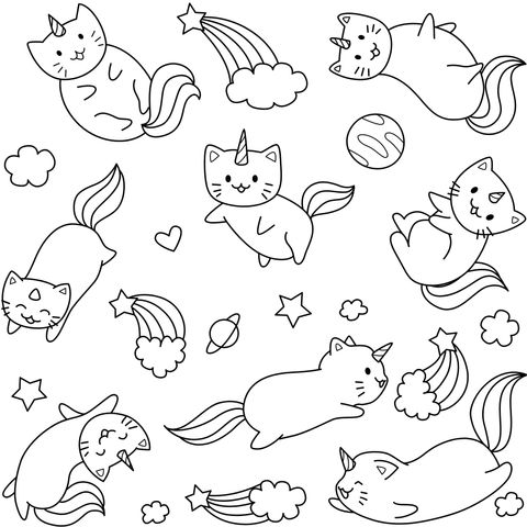 Página de colorear de adorables gatos unicornio