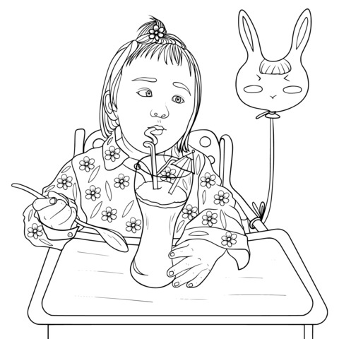 Coloring Page of a Child Having a Meal