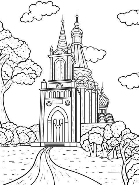 Bonita Página de Colorear de Paisaje de Iglesia