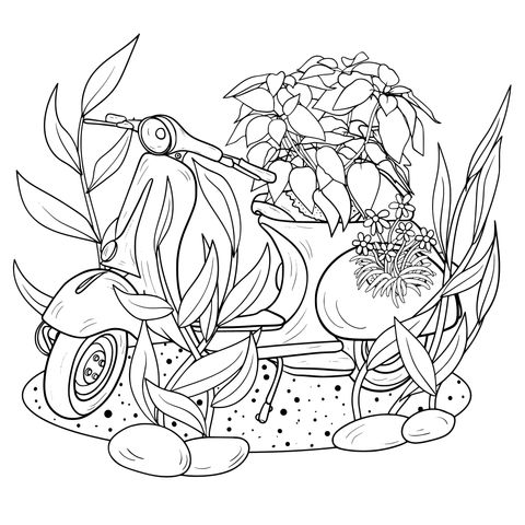 Vintage Scooter and Flowers Coloring Page