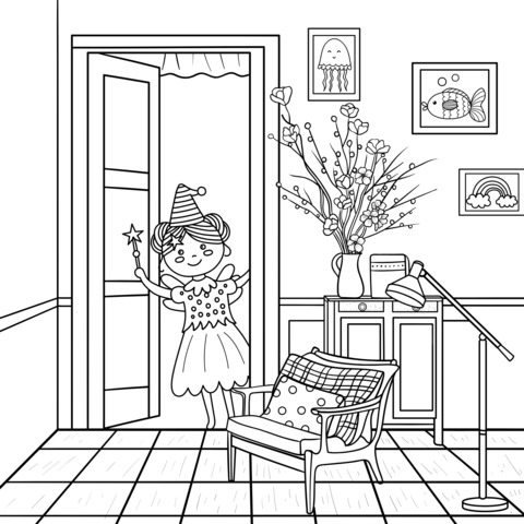 Coloring Page Scene of a Little Girl Dressed as a Fairy