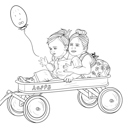 Coloring Page of Children Playing in a Red Wagon