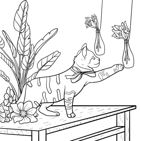 Gato jugando con flores en vasos colgantes