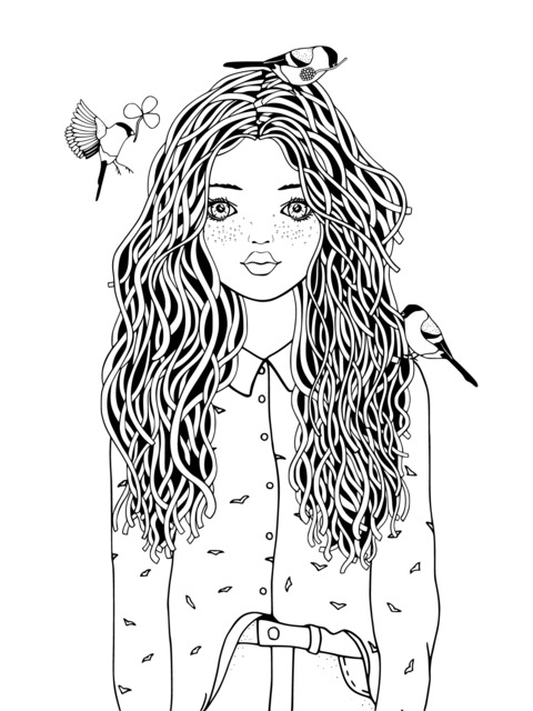 Red - Haired Girl and Birds Coloring Page