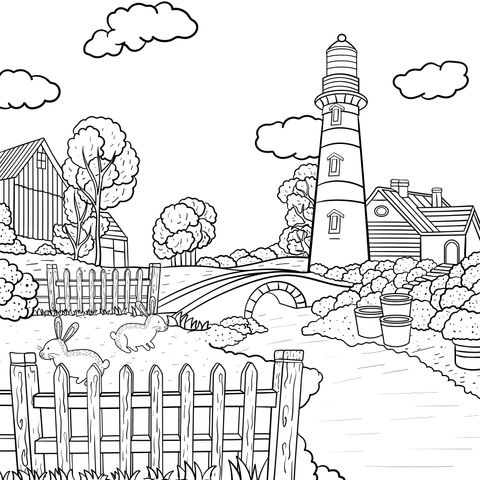 Pastoral Lighthouse Landscape Coloring Page