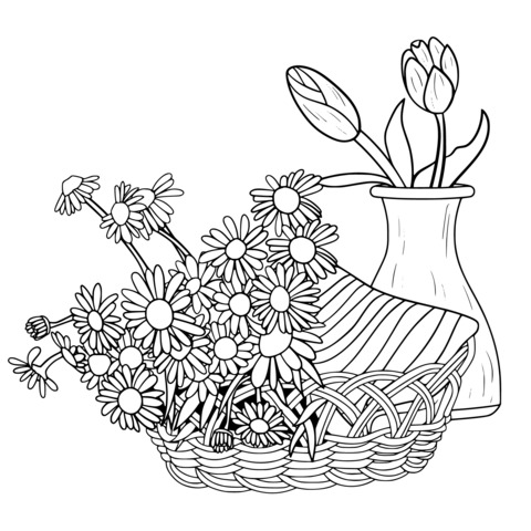 Flowers in a Basket and a Vase