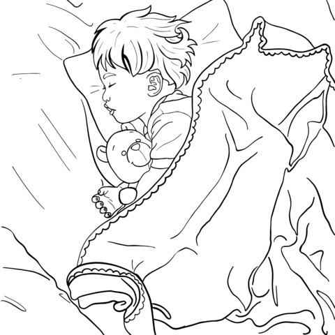 Sleeping Child with Teddy Bear Coloring Page