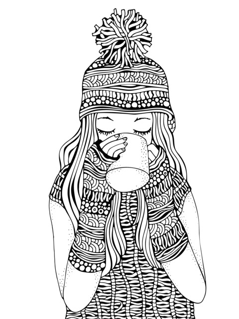 Coloring Page of a Girl Enjoying a Warm Drink