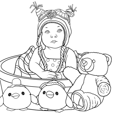 Página para colorear de un adorable bebé y muñecos