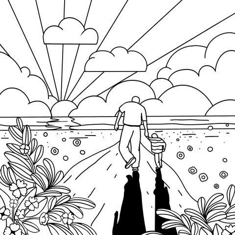 Father - son Walking under the Sunset Coloring Page