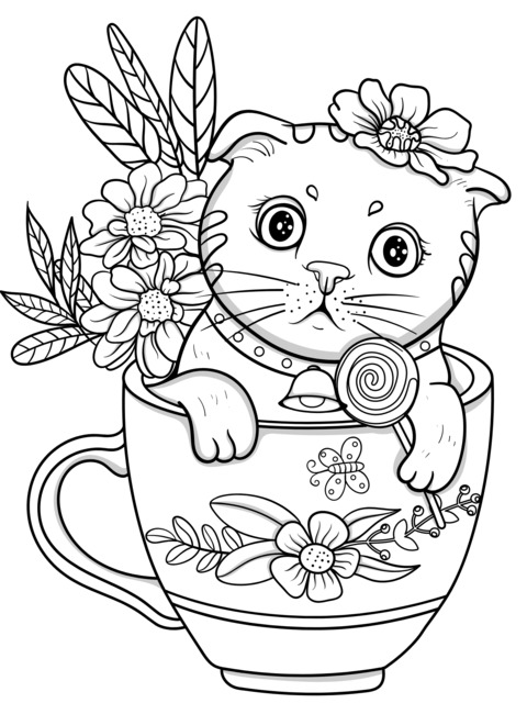 Página de colorir de um gato adorável em uma xícara de chá decorada com flores