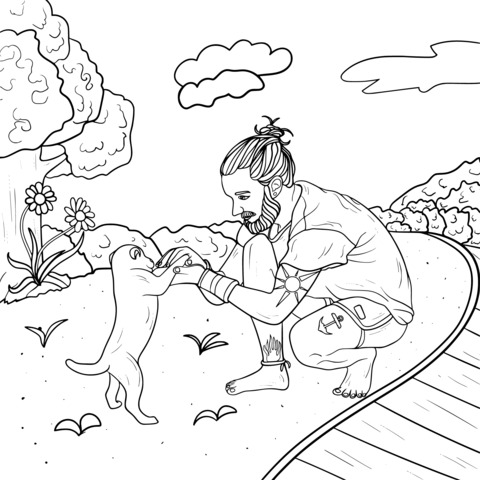 Coloring Page of a Person Interacting with an Adorable Cat