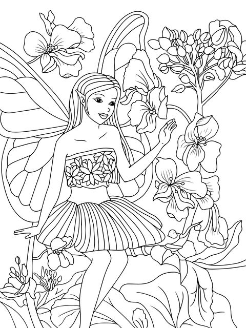 Fairy among Flowers Coloring Page