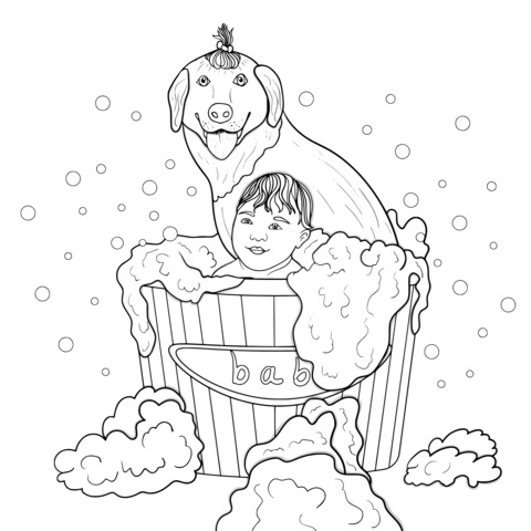 Coloring Page of a Child and a Big Dog Taking a Bath Together